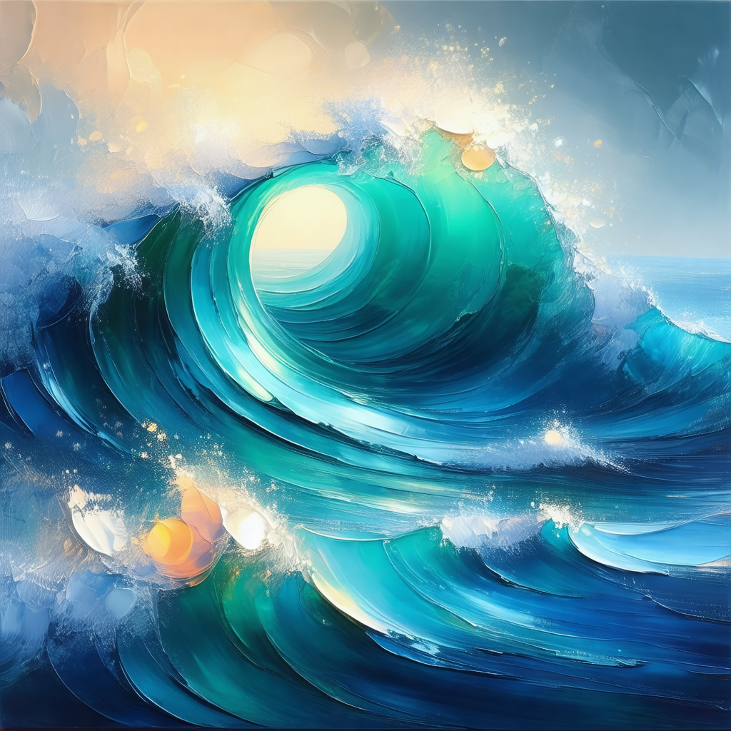 Large, blue ocean wave with a yellow sun in the middle of it