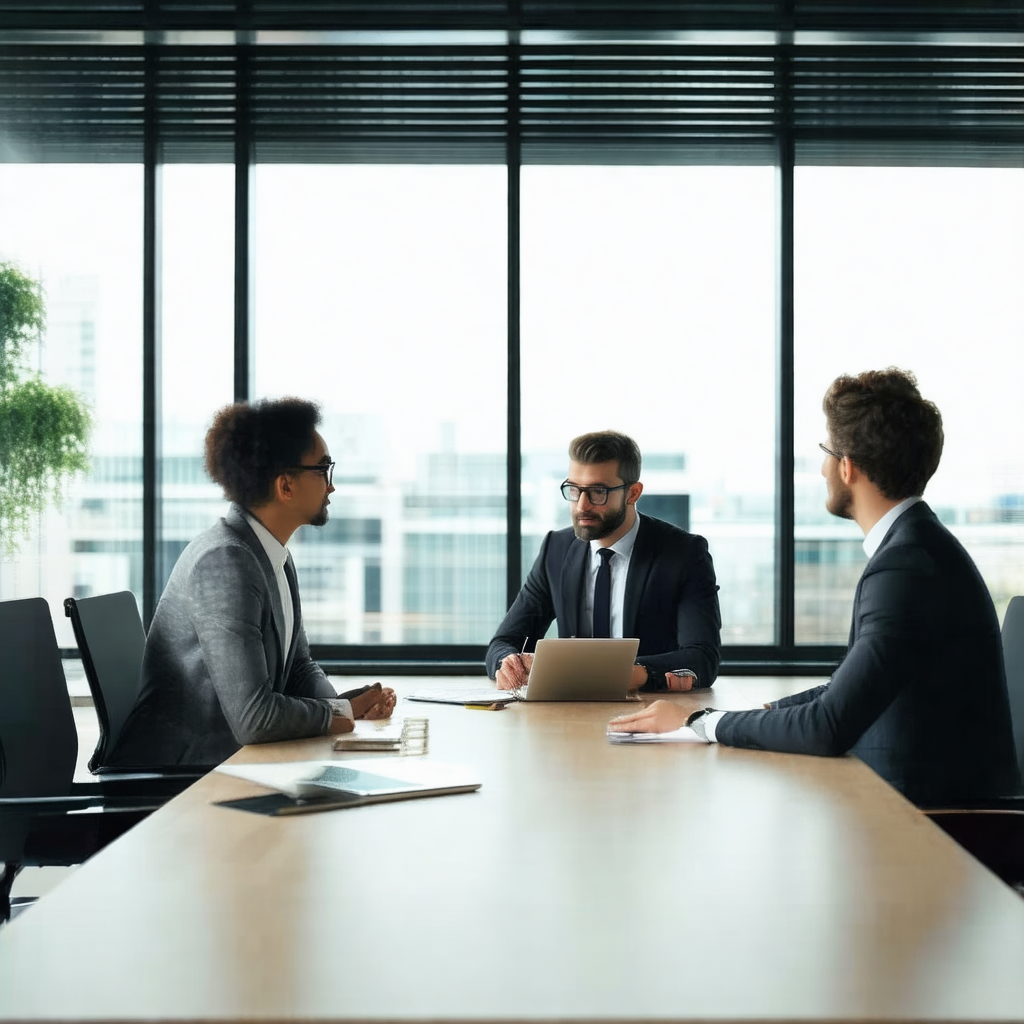 Group of three men sitting around a wooden table, engaged...