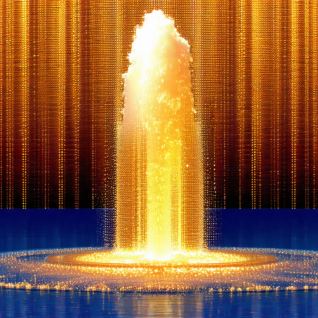 Large fountain with a yellow glow, located in a body of w...