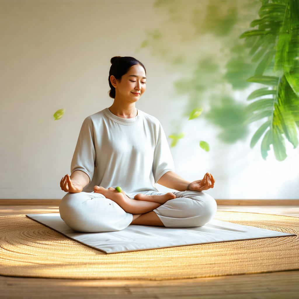 Woman sitting on a mat on the floor, in a relaxed position
