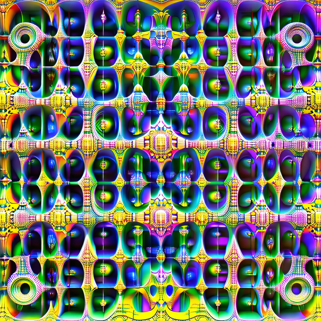 Colorful and abstract artwork featuring a series of inter...