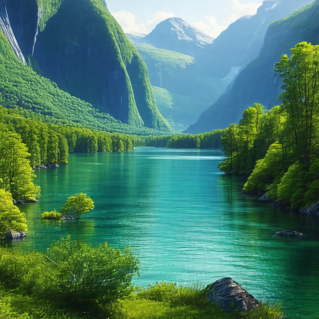 Serene lake surrounded by lush green trees and mountains