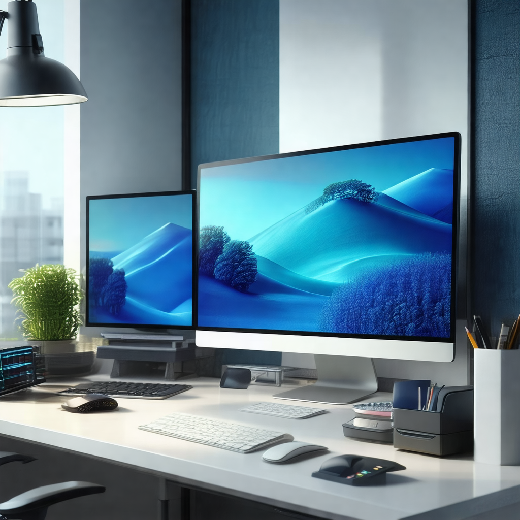 Large desk with a computer monitor and keyboard placed on it