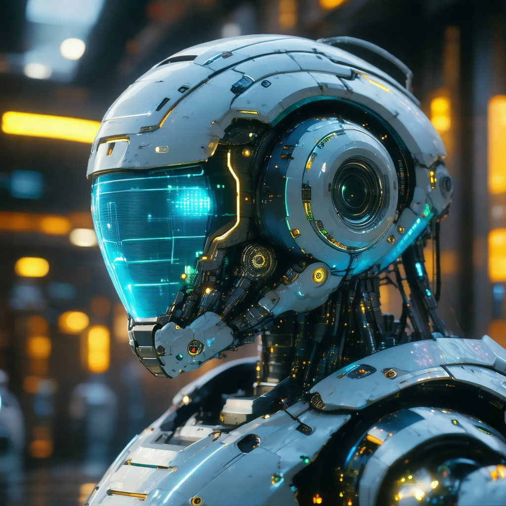 Futuristic robot with a white helmet and a green visor