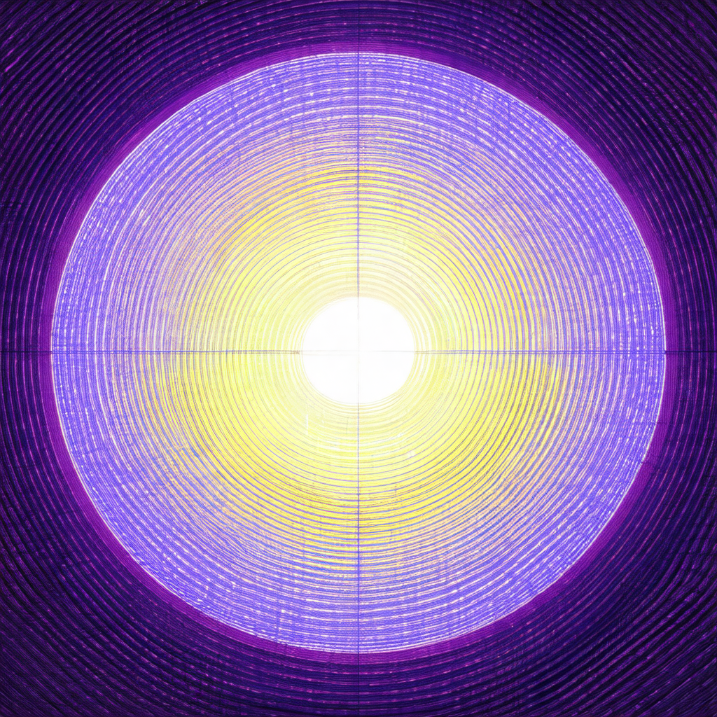 Bright yellow sun in the center of a purple circle