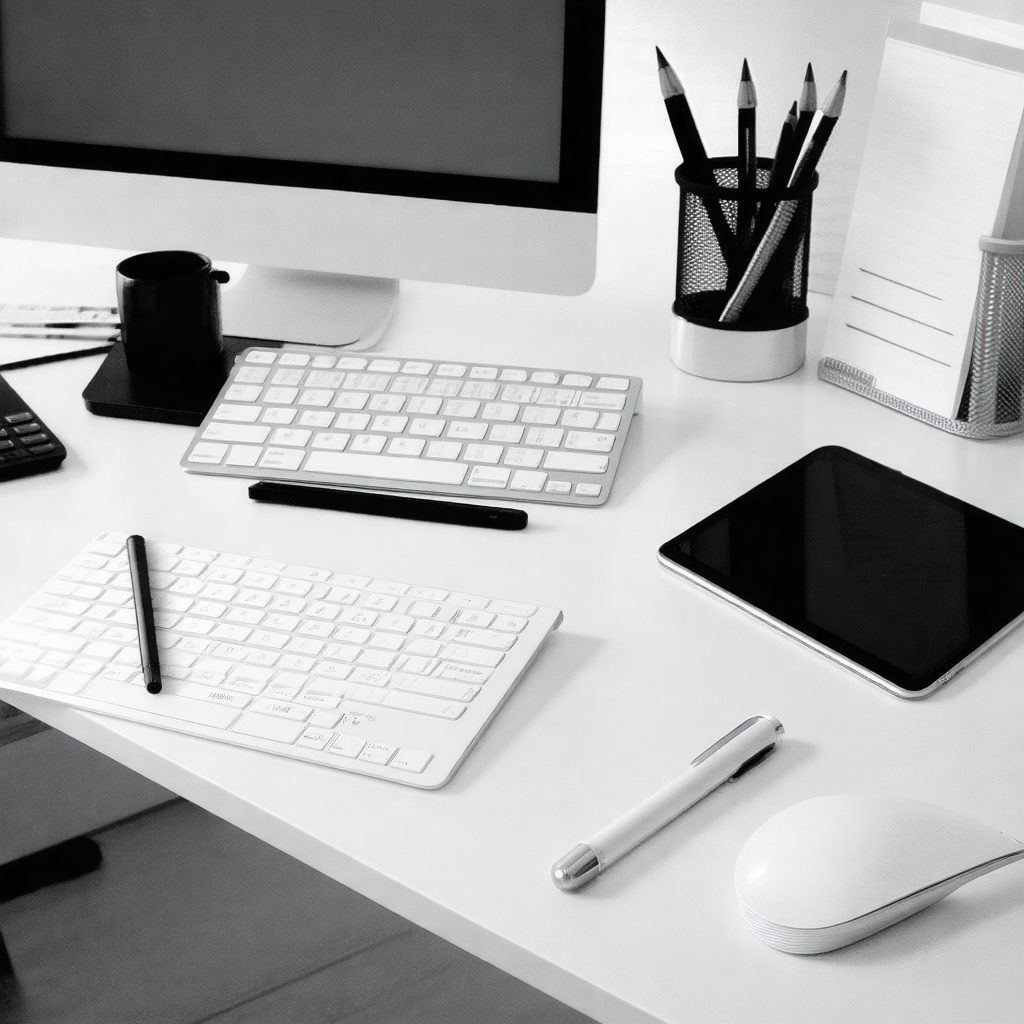 White desk with a keyboard and a mouse on it