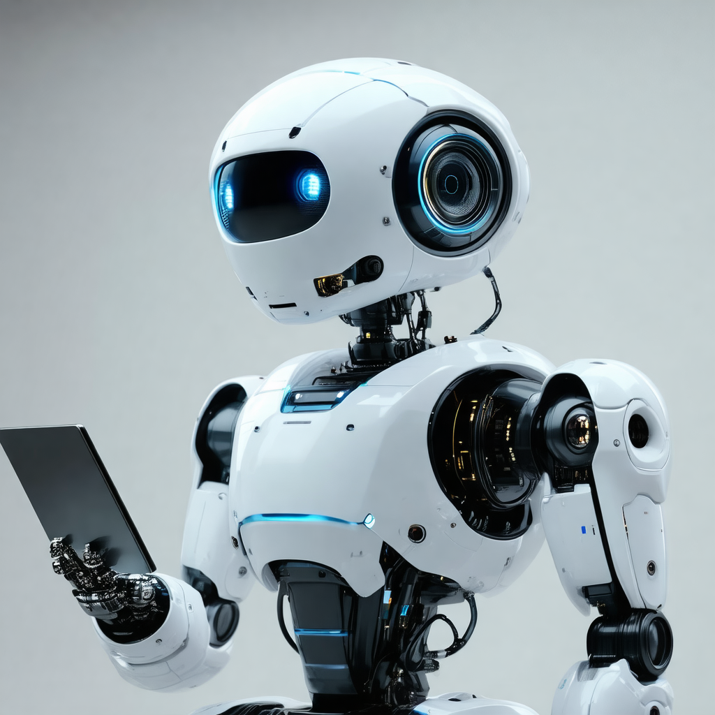 Robot with a white and blue color scheme, standing in a room