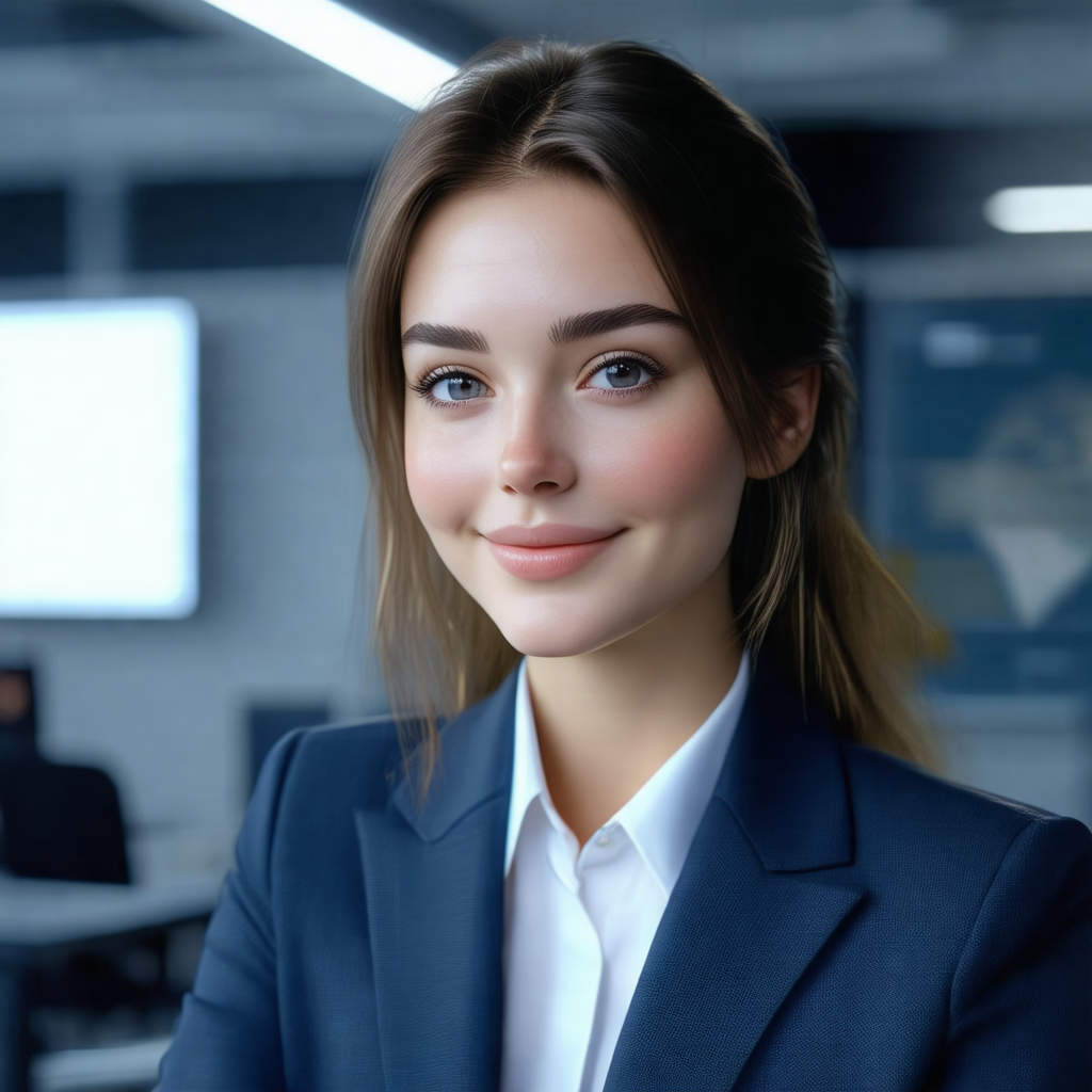Woman wearing a suit and tie, standing in front of a comp...