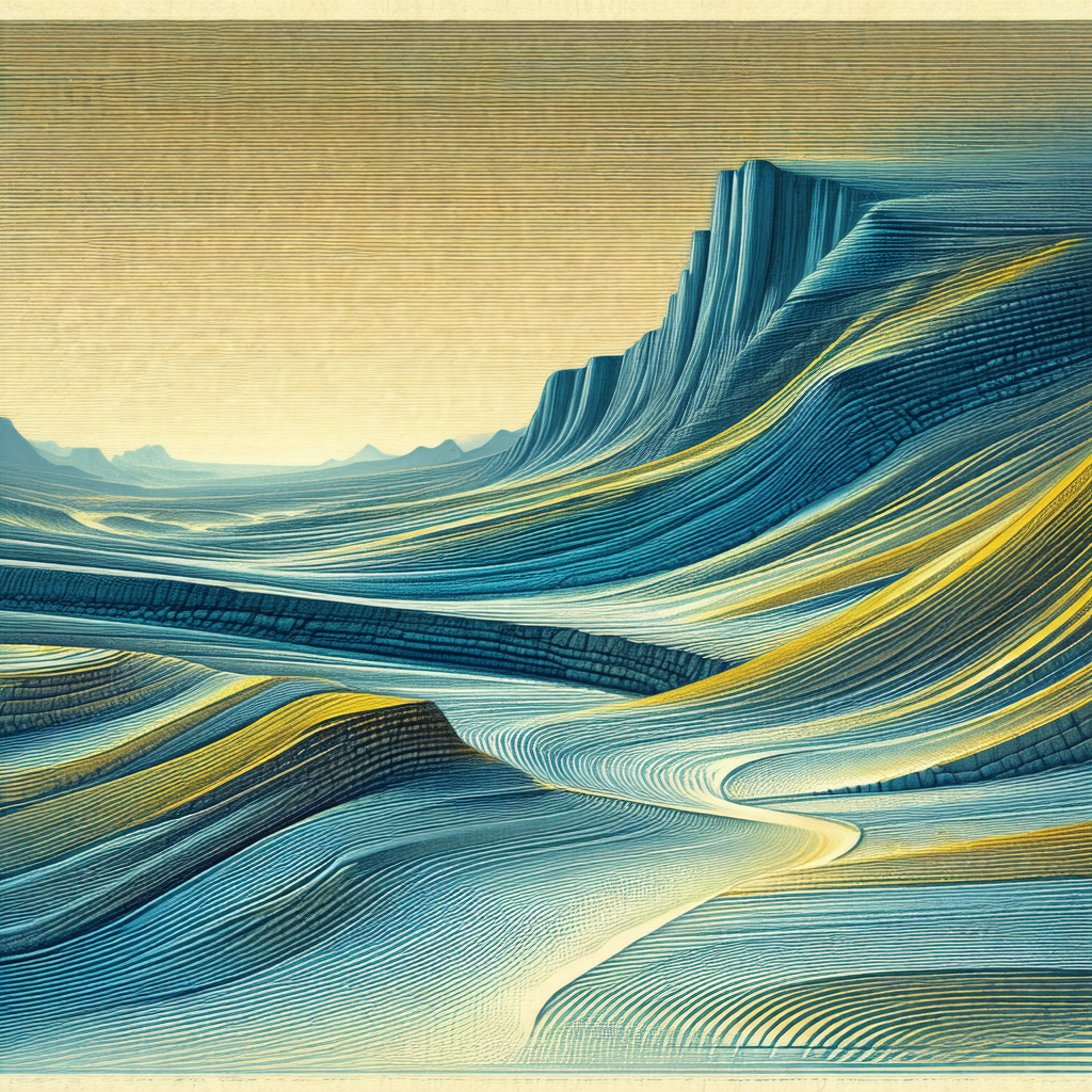 Painting of a mountainous landscape with a blue sky