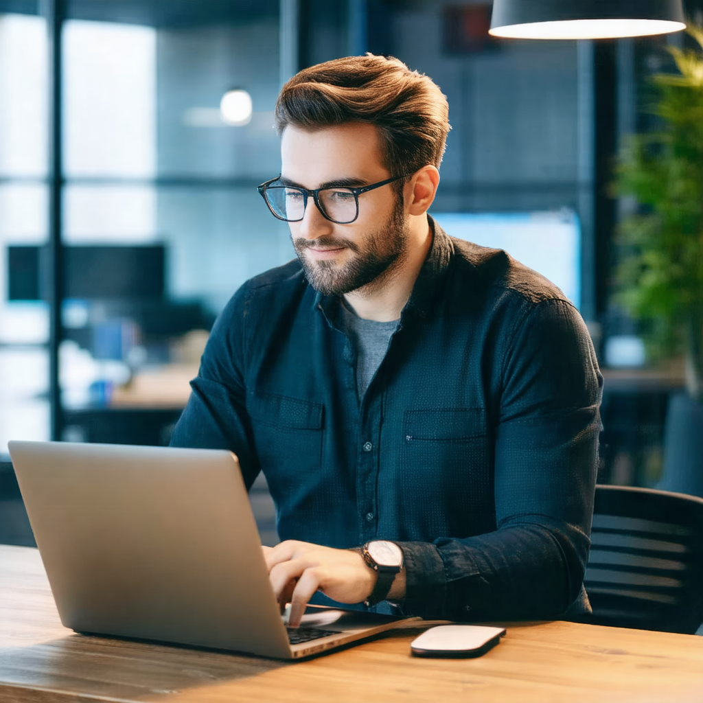 Man sitting at a desk, working on a laptop computer
