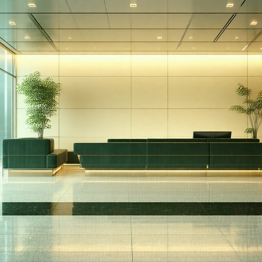 Large, well-lit office space with a long, green couch sit...