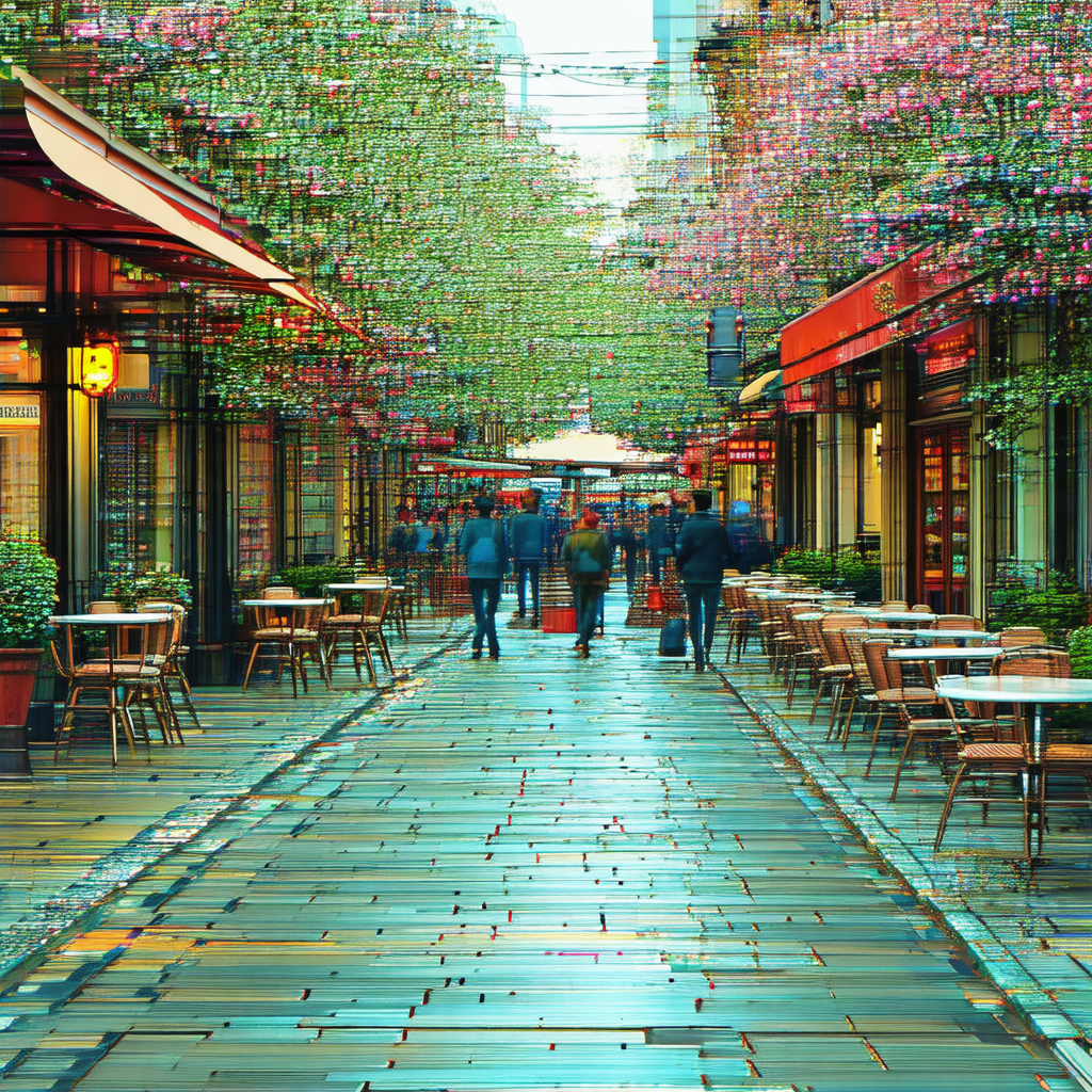 Lively city street filled with people walking and enjoyin...