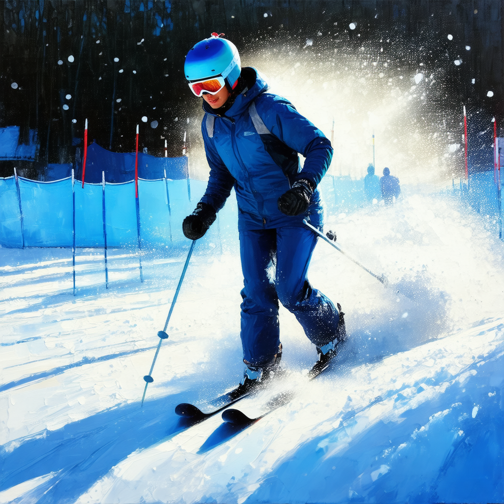 Captures a woman skiing down a snow-covered slope