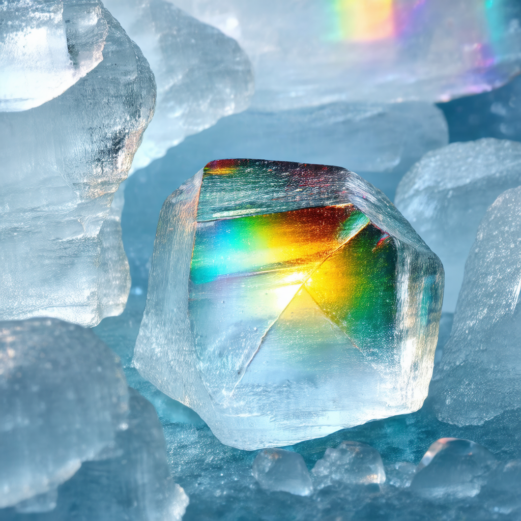 Large, colorful crystal, possibly a piece of ice, sitting...