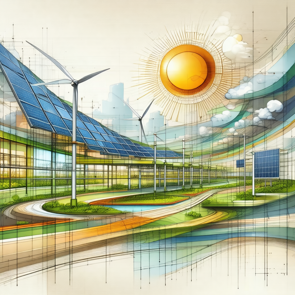Painting of a large wind farm with many wind turbines