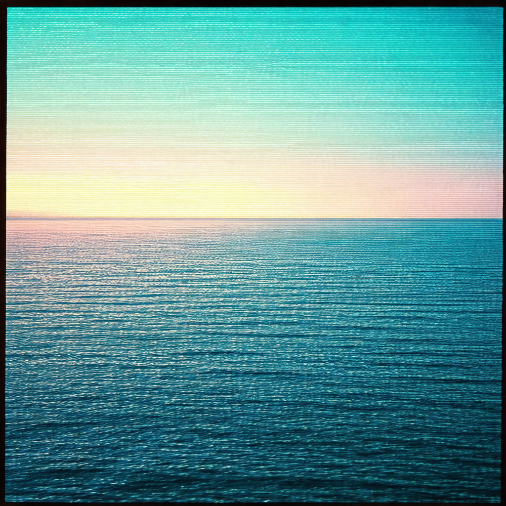 Vast body of water, likely an ocean, with a beautiful sun...