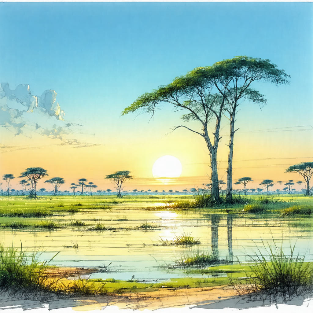 Serene scene of a sunset over a body of water, with a bea...