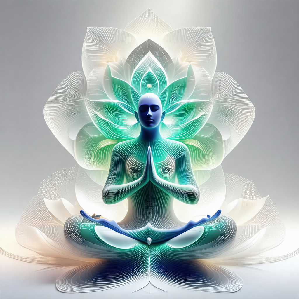 Blue and white statue of a person sitting in a lotus posi...