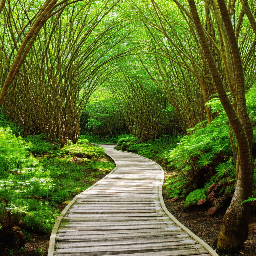 Serene forest path surrounded by lush green trees