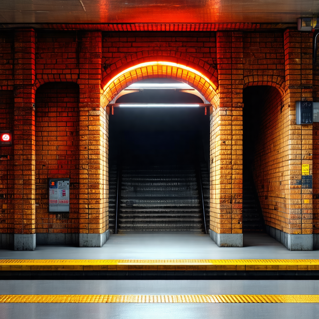 Train station with a large brick archway