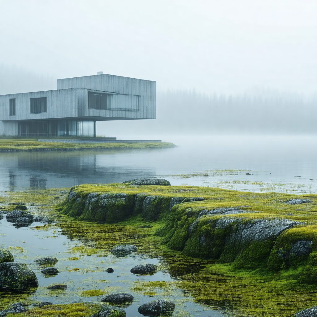 Large, modern-looking house situated on a small island in...
