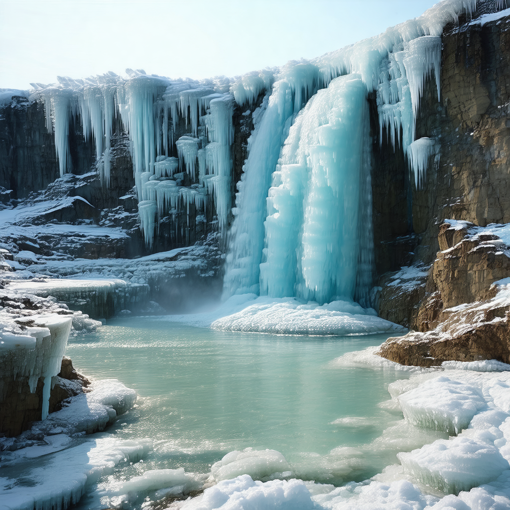 Beautiful waterfall surrounded by a snowy landscape