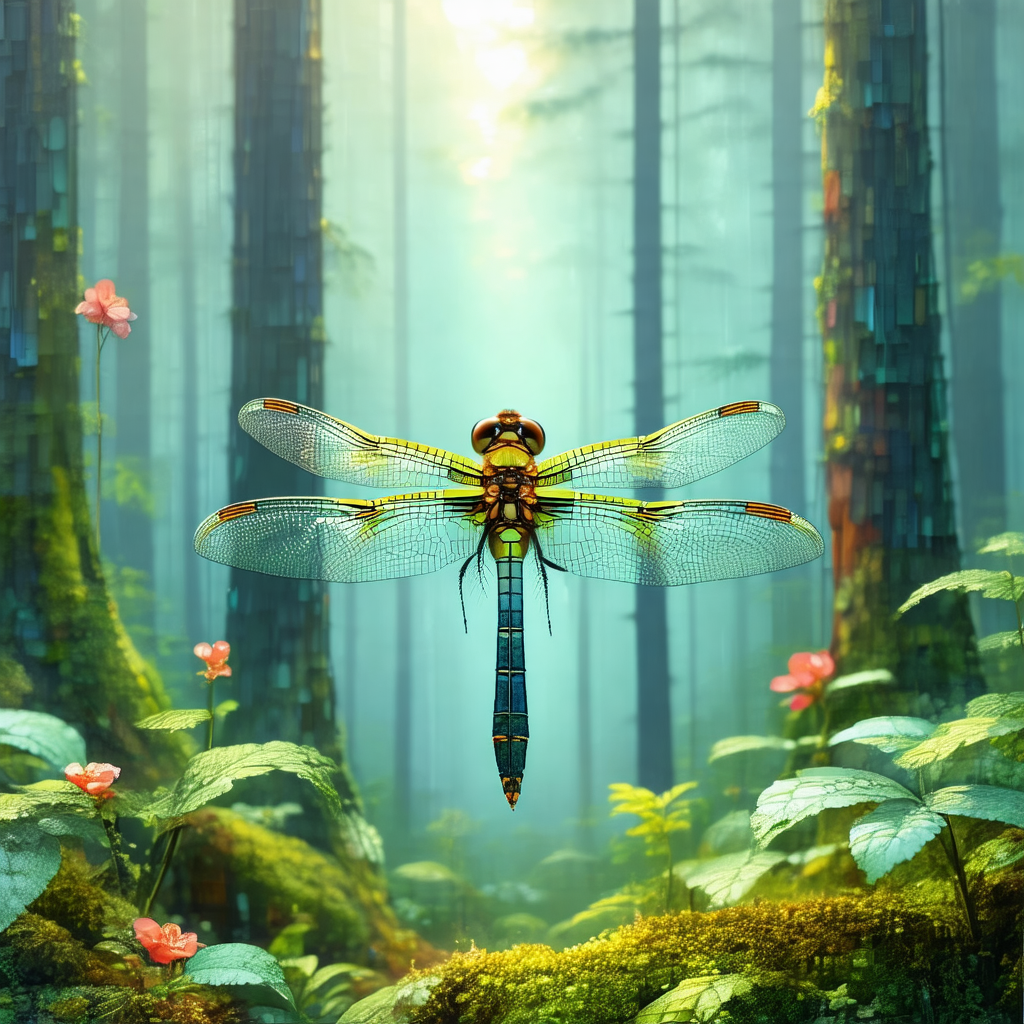 Large dragonfly perched on a tree branch in a forest setting