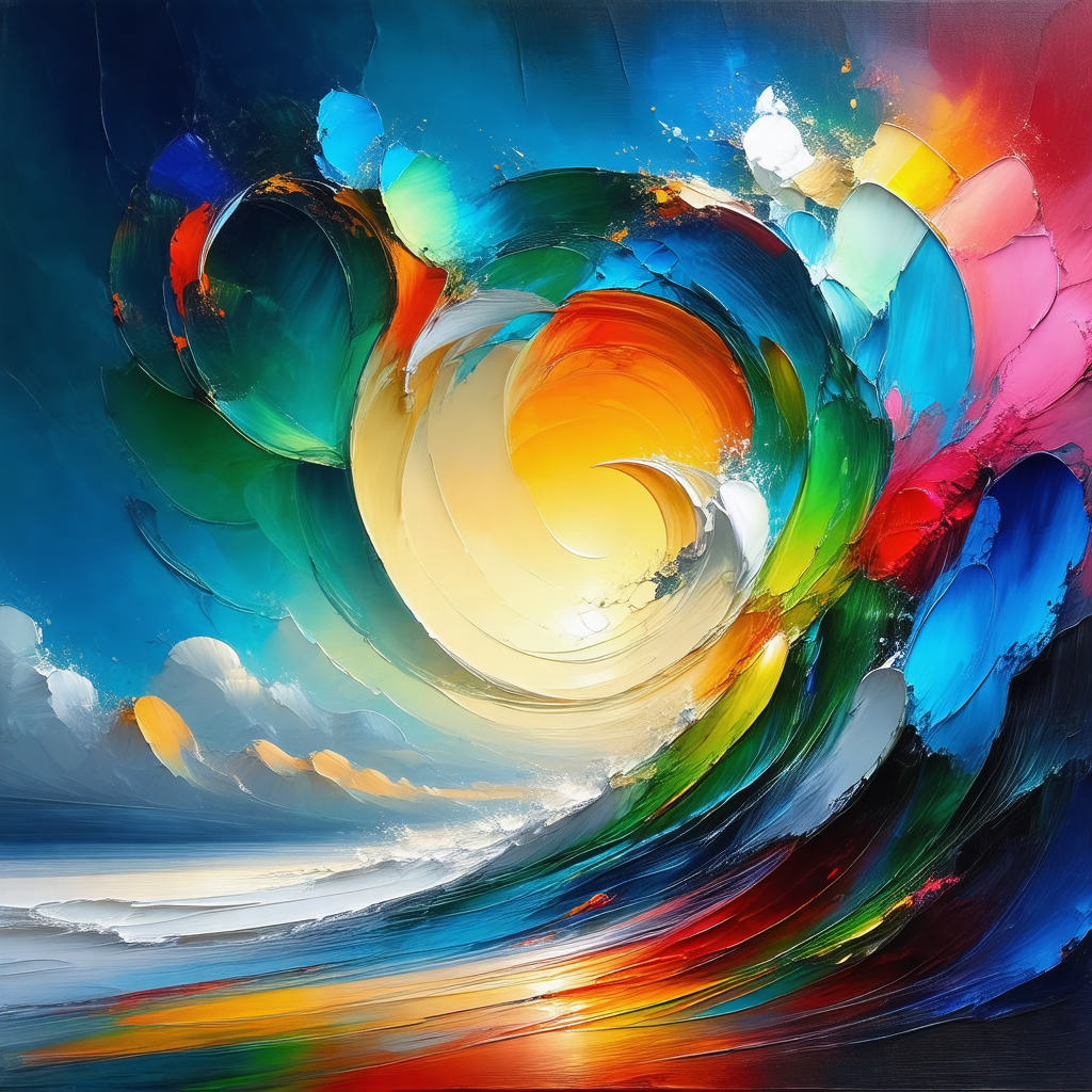 Painting of a colorful wave, with a variety of colors and...