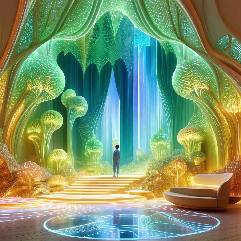 Futuristic scene with a man standing in the center of a l...
