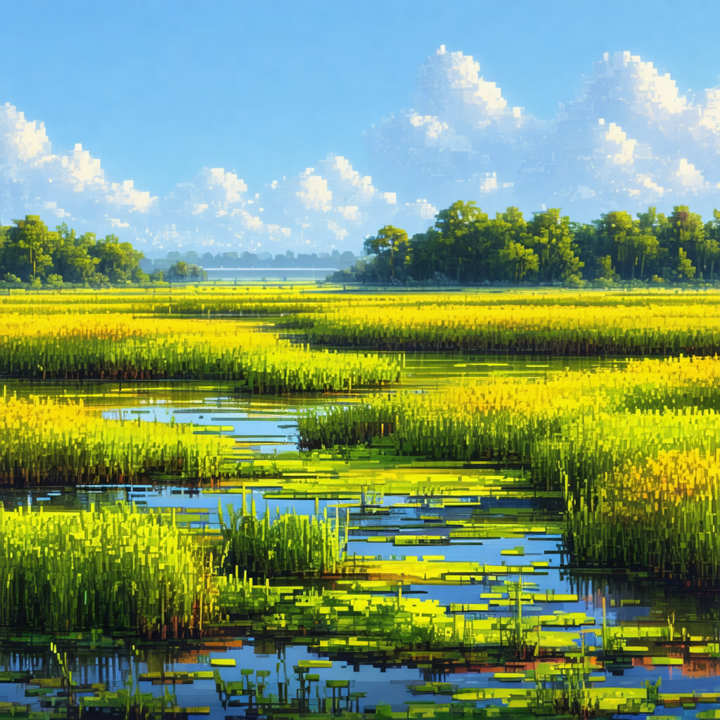Serene scene of a river flowing through a lush green field