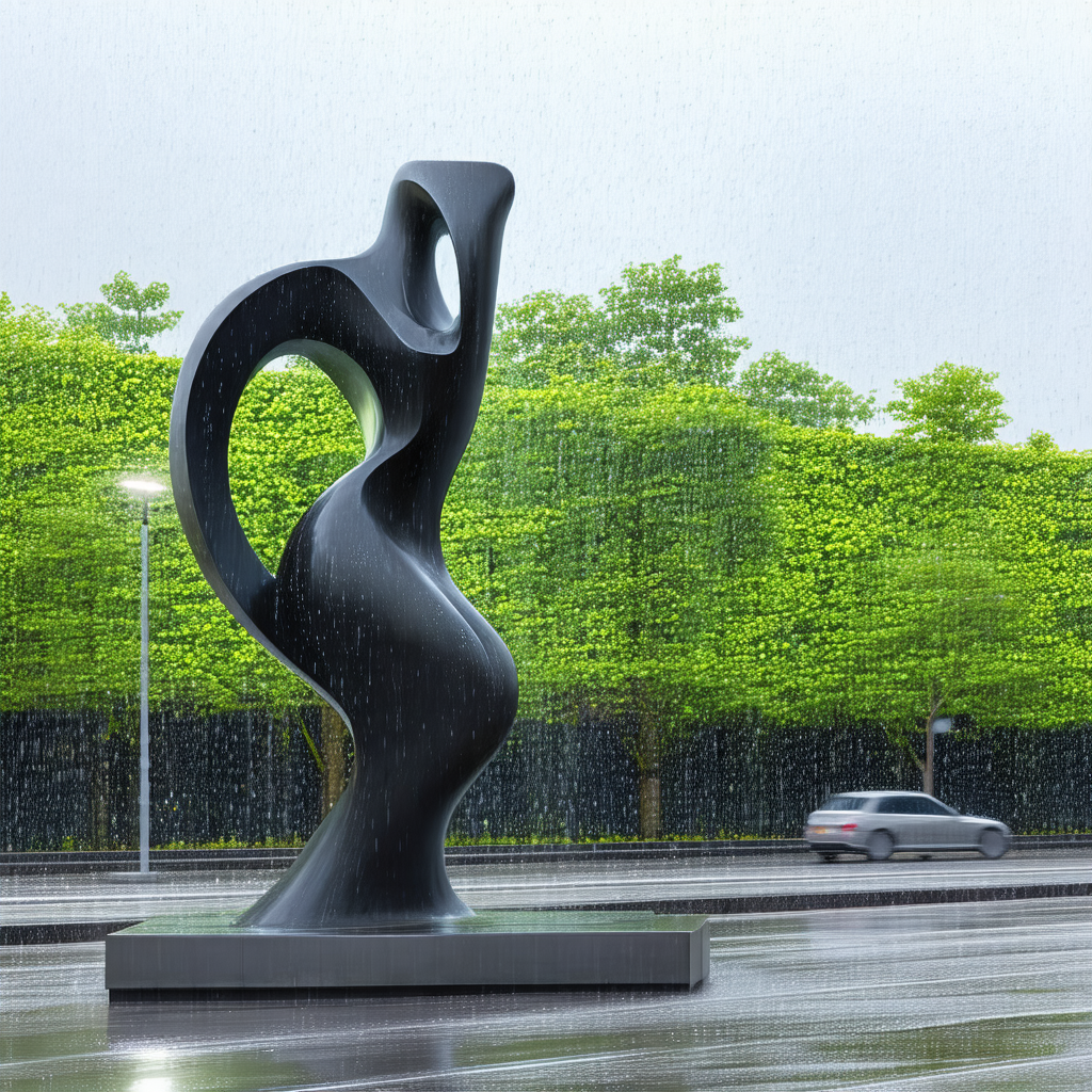 Large, modern sculpture of a woman, standing on a sidewal...