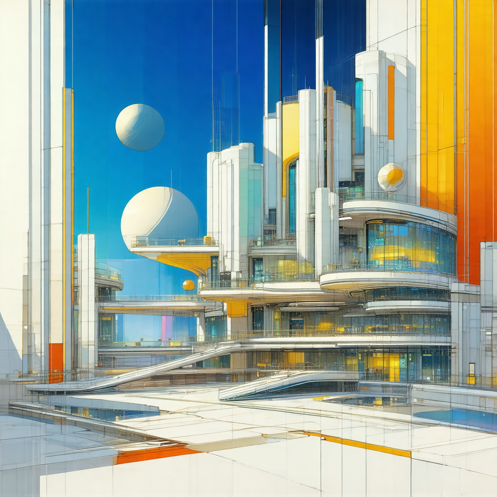 Futuristic cityscape featuring a large, modern building w...