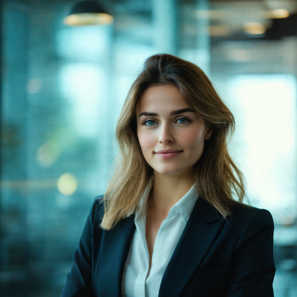 Woman wearing a suit and tie, standing in front of a window