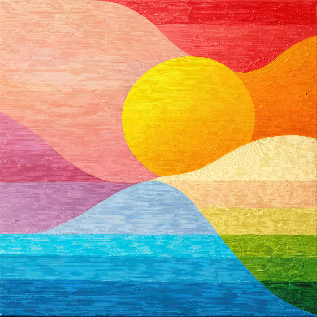 Large, colorful painting of a sunset