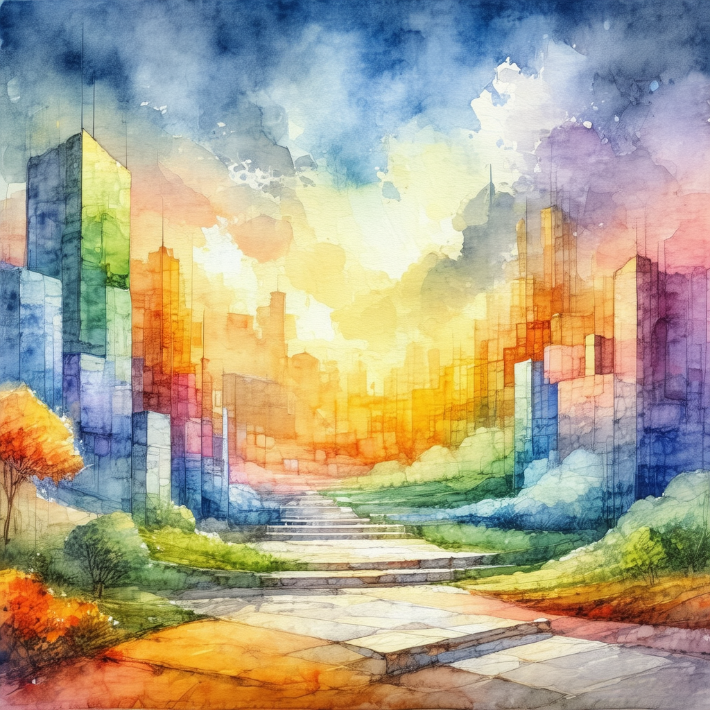 Painting of a cityscape with a large building in the fore...