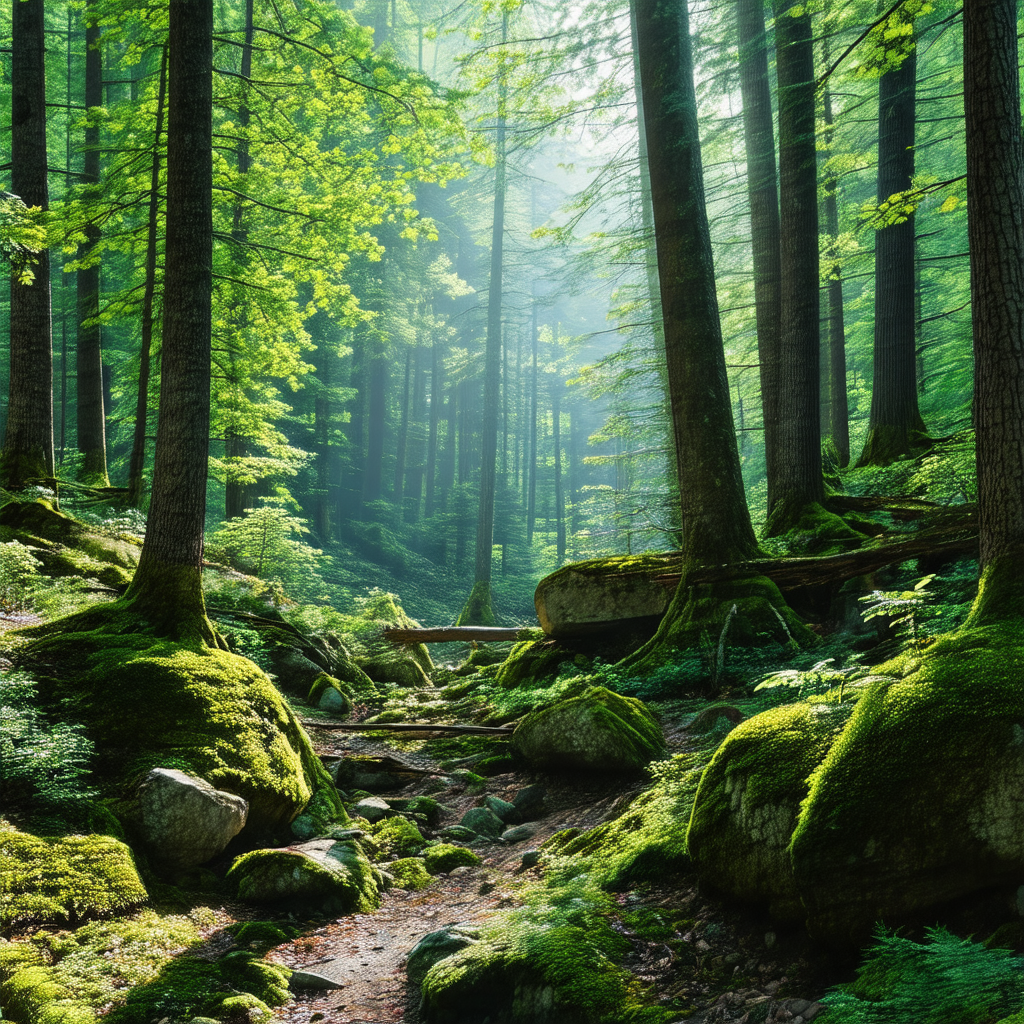 Lush green forest with a dirt path running through it