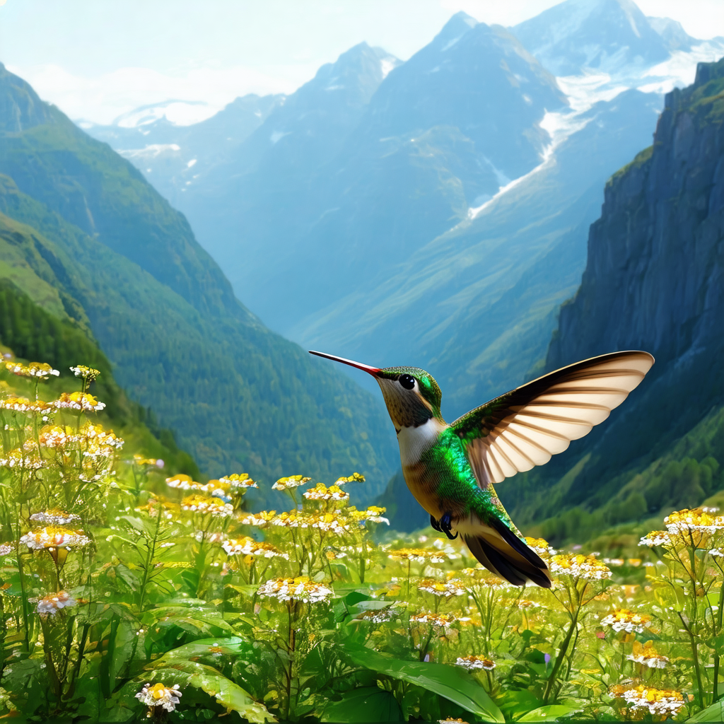Green and yellow hummingbird flying through the air, with...