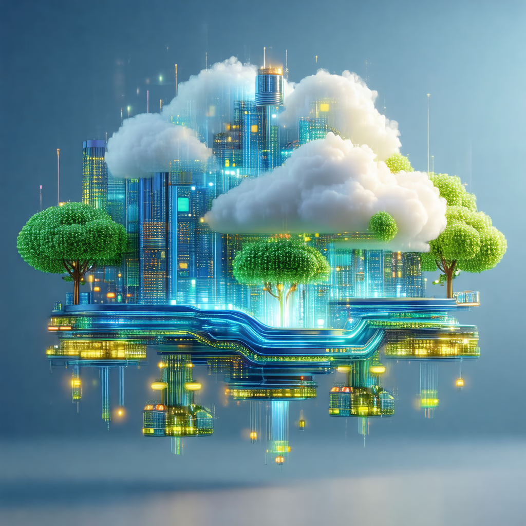 Futuristic cityscape with a large, colorful cloud hoverin...