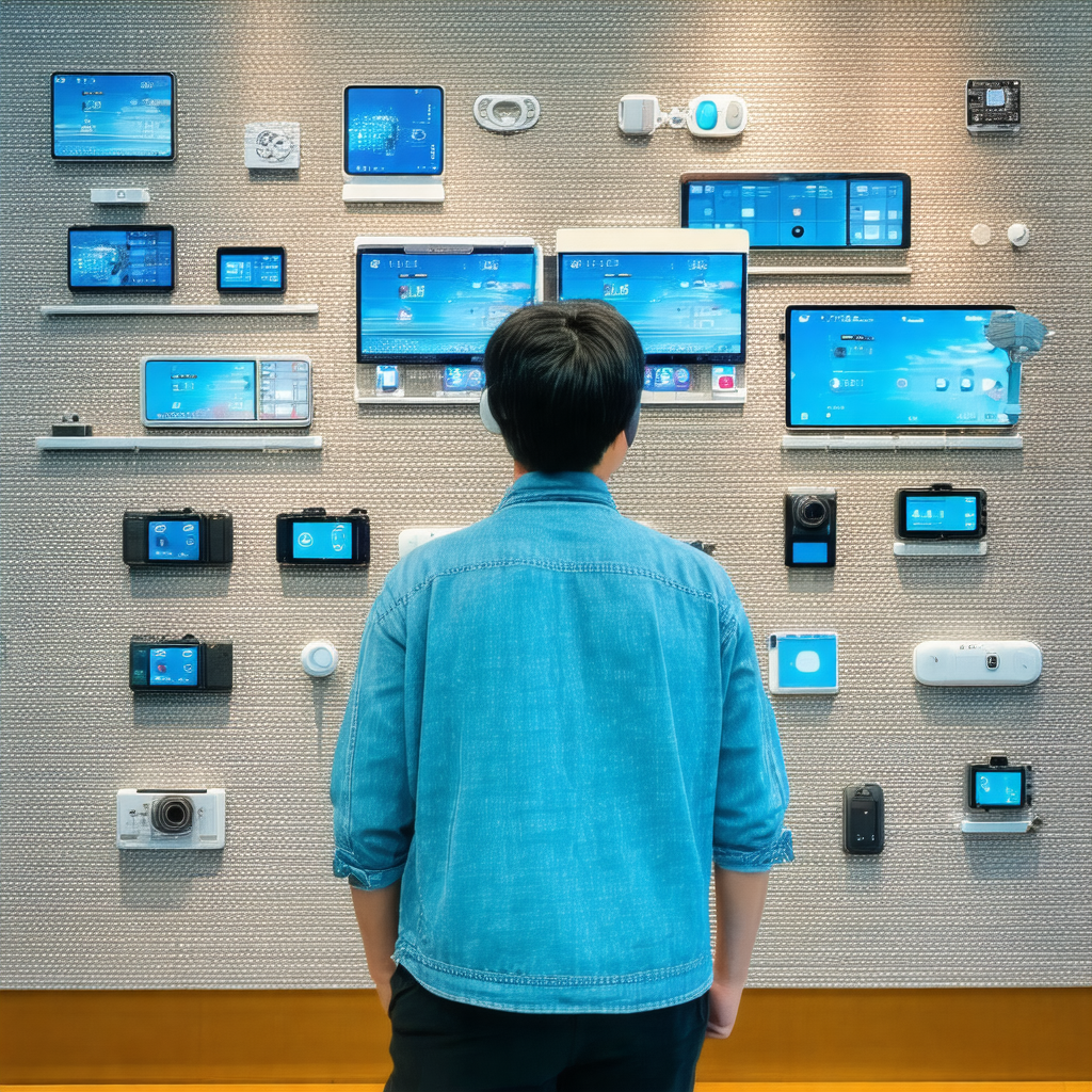 Man standing in front of a wall filled with various elect...