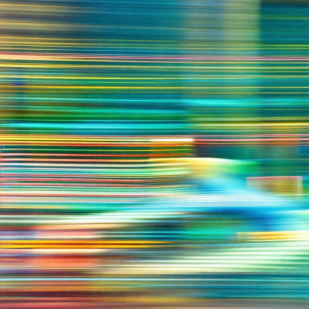 Colorful, blurry photo of a car driving down a street