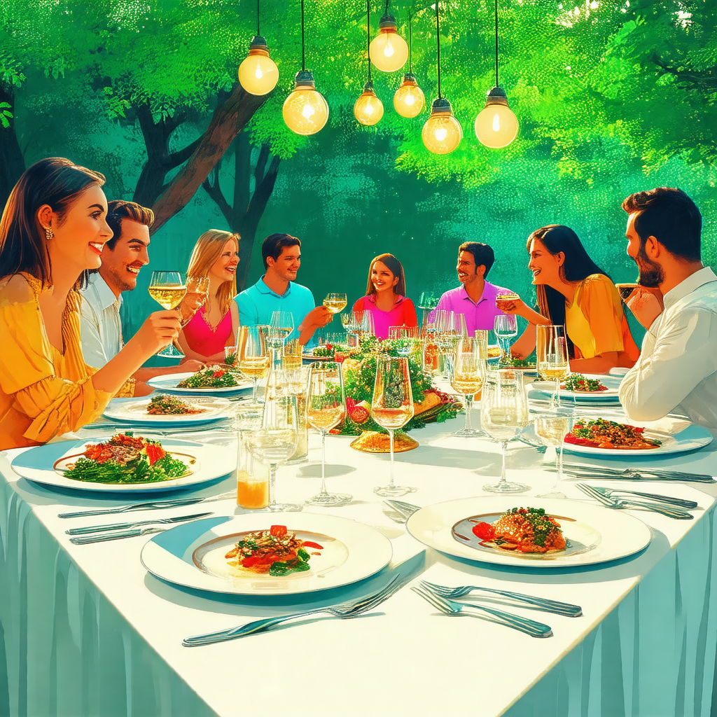 Group of people gathered around a large dining table, enj...