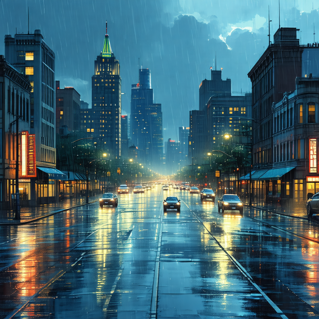 Rainy city street at night, with a line of cars driving d...
