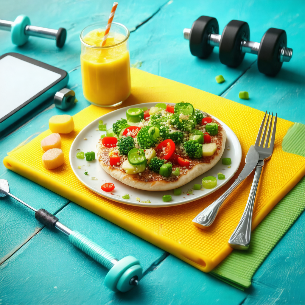 Dining table with a plate of food, including a pizza, pla...