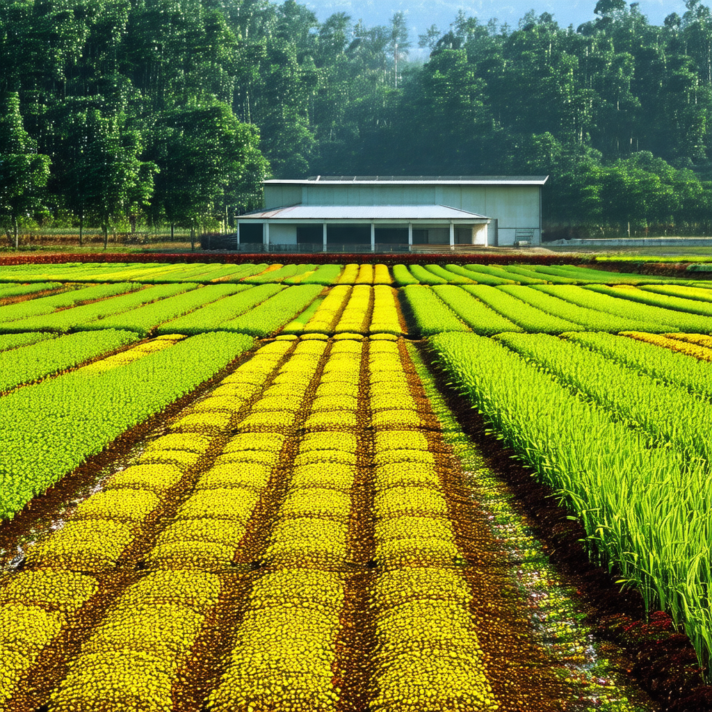 Large field with a yellow and green crop, possibly corn
