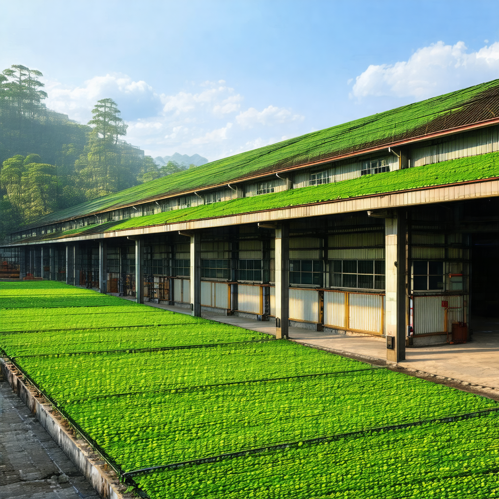 Large building with a green roof, which appears to be a f...