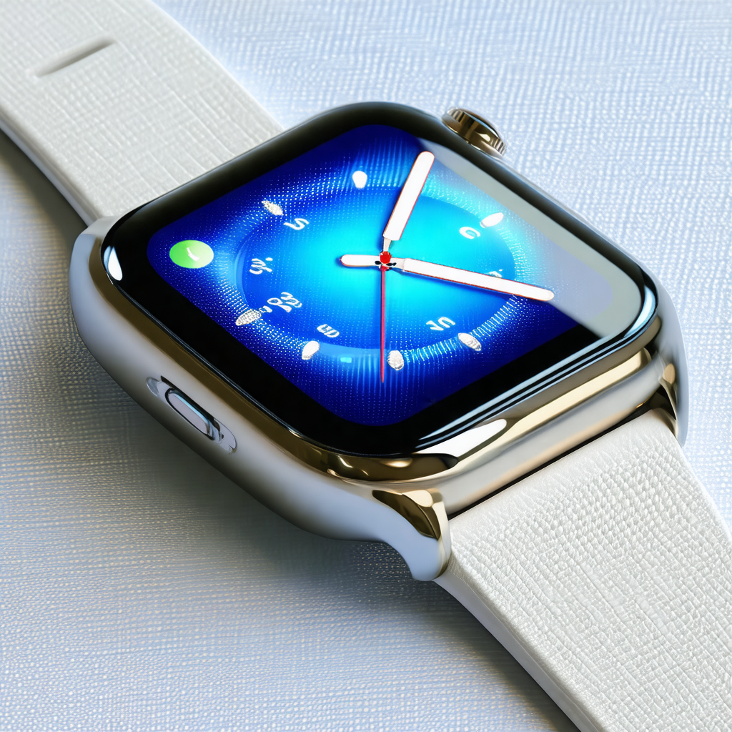 Close-up of a watch with a blue face and a white band