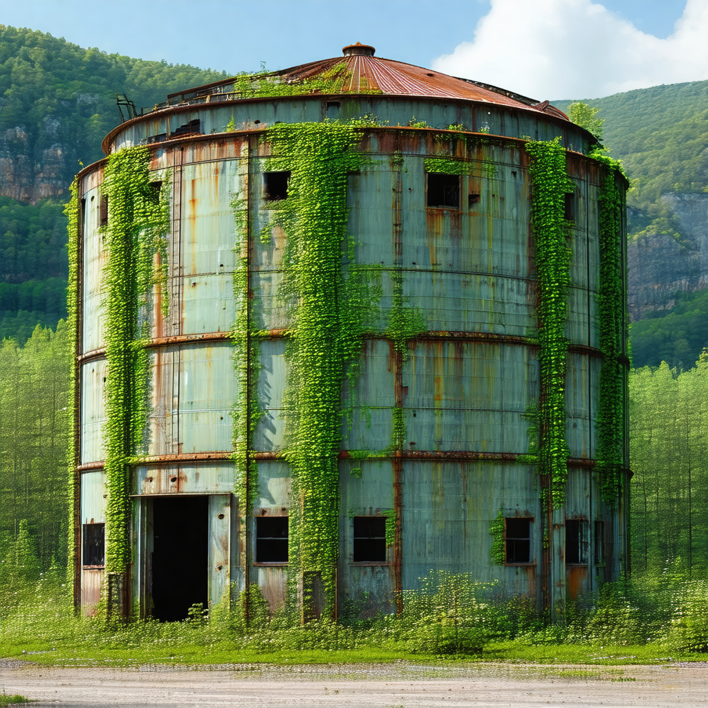 Large, rusty, and green metal structure, possibly a water...
