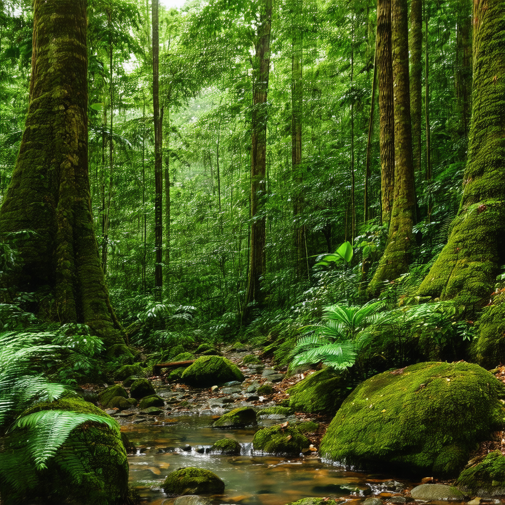 Lush green forest filled with trees and rocks
