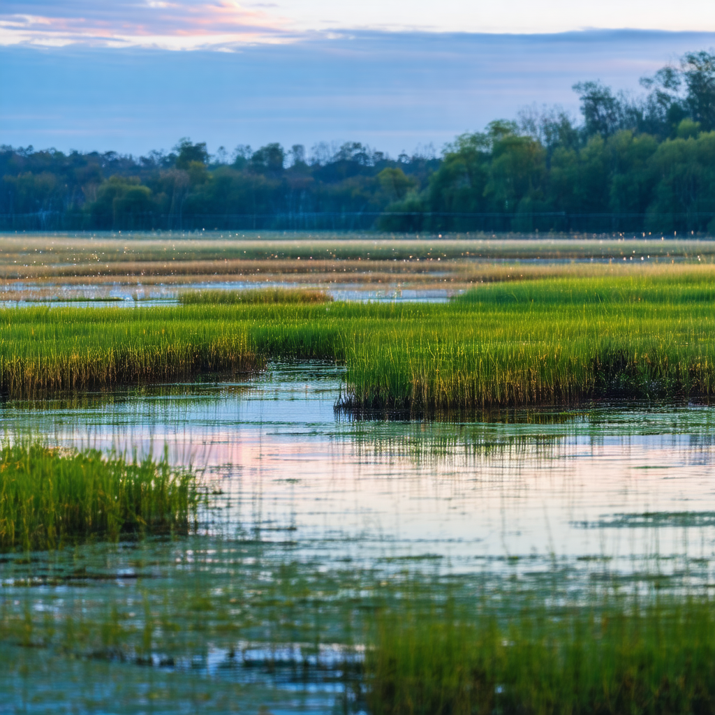 Serene scene of a lake with a grassy shore
