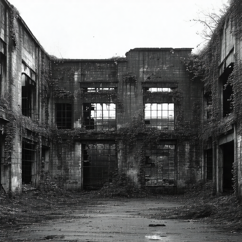 Black and white photo of an old, abandoned building